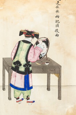 Lot 409 - ZHOU PEI CHUN (active 1880-1910): A PAINTING OF A MANCHU COURT LADY STYLING HER HAIR, 1900s