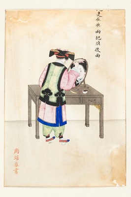 Lot 409 - ZHOU PEI CHUN (active 1880-1910): A PAINTING OF A MANCHU COURT LADY STYLING HER HAIR, 1900s