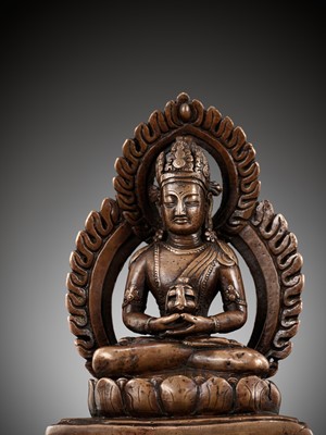 Lot 170 - A COPPER ALLOY FIGURE OF AMITAYUS, NEPAL, C. 14TH-15TH CENTURY OR EARLIER