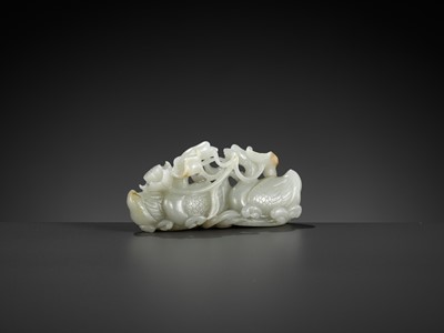 Lot 42 - A CELADON AND RUSSET JADE GROUP DEPICTING THREE GEESE WITH LOTUS, 18TH CENTURY