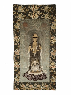 Lot 39 - A RARE EMBROIDERED SILK WALL HANGING OF KANNON