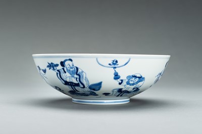 Lot 655 - A BLUE AND WHITE PORCELAIN ‘EIGHT IMMORTALS’ BOWL, GUANGXU MARK AND PERIOD