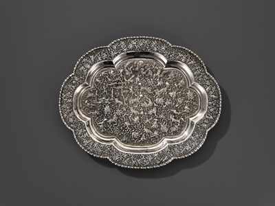 Lot 279 - A LARGE SILVER REPOUSSÉ ‘BUDDHIST LION’ TRAY, LATE QING DYNASTY