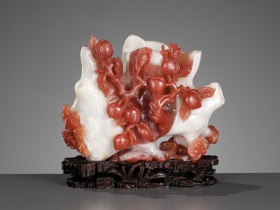 Lot 303 - A CARNELIAN AGATE ‘PEACH AND LINGZHI’ RETICULATED DOUBLE VASE, 18TH CENTURY