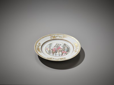 Lot 408 - A RARE FAMILLE ROSE AND GRISAILLE ‘DON QUIXOTE’ DISH, QIANLONG PERIOD