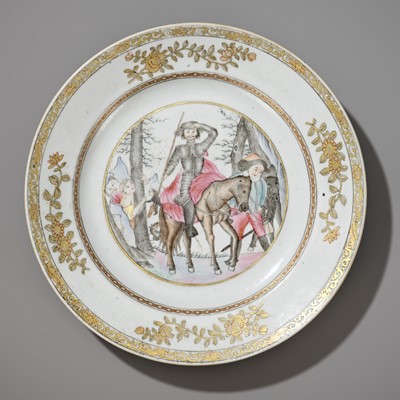 Lot 408 - A RARE FAMILLE ROSE AND GRISAILLE ‘DON QUIXOTE’ DISH, QIANLONG PERIOD