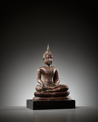 Lot 639 - A BRONZE FIGURE OF A SEATED BUDDHA, LATE SUKHOTHAI PERIOD
