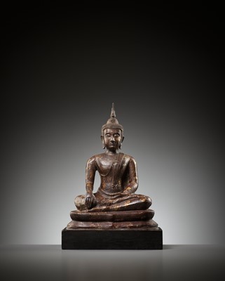 Lot 639 - A BRONZE FIGURE OF A SEATED BUDDHA, LATE SUKHOTHAI PERIOD
