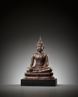 Lot 639 - A BRONZE FIGURE OF A SEATED BUDDHA, LATE SUKHOTHAI PERIOD