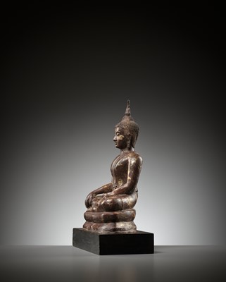 Lot 639 - A BRONZE FIGURE OF A SEATED BUDDHA, LATE SUKHOTHAI PERIOD