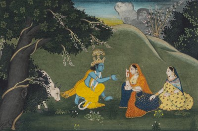 Lot 231 - AN INDIAN MINIATURE PAINTING DEPICTING KRISHNA’S TRYST WITH RADHA