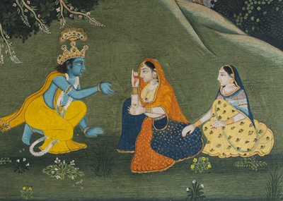 Lot 231 - AN INDIAN MINIATURE PAINTING DEPICTING KRISHNA’S TRYST WITH RADHA