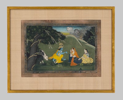 Lot 231 - AN INDIAN MINIATURE PAINTING DEPICTING KRISHNA’S TRYST WITH RADHA