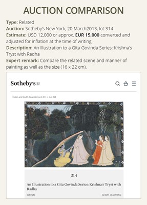 Lot 231 - AN INDIAN MINIATURE PAINTING DEPICTING KRISHNA’S TRYST WITH RADHA