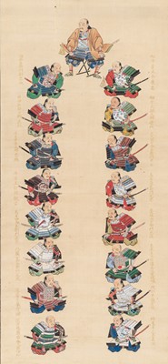 Lot 302 - A SCROLL PAINTING OF THE SIXTEEN DIVINE GENERALS OF THE TOKUGAWA IEYASU, MEIJI