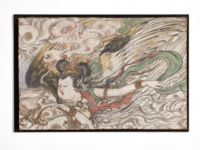 Lot 195 - A POLYCHROME STUCCO FRESCO FRAGMENT DEPICTING A FLYING APSARA, YUAN TO MING DYNASTY