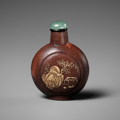 Lot 587 - AN INSCRIBED YIXING STONEWARE 'LANDSCAPE' SNUFF BOTTLE, QING DYNASTY