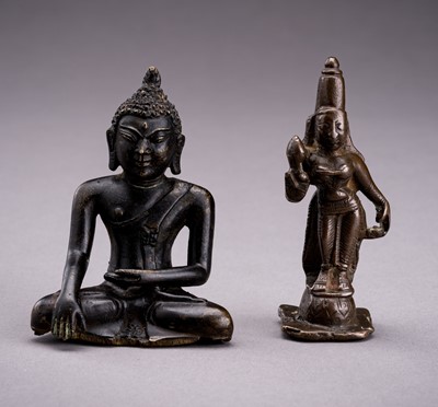 Lot 911 - TWO INDIAN MINIATURE BRONZE FIGURES OF BUDDHA AND DEVI