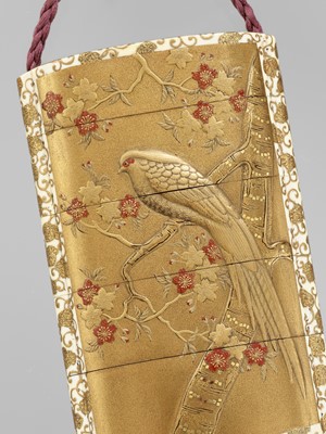 Lot 175 - A RARE GOLD-LACQUERED IVORY FOUR-CASE INRO ENSEMBLE DEPICTING A PHEASANT AND PLOVERS AMID CHERRY BLOSSOMS