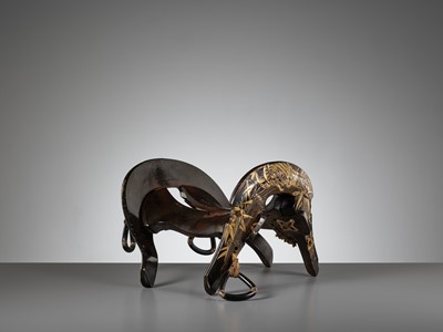 Lot 1311 - A LACQUERED WOOD KURA (SADDLE) WITH TIGERS IN BAMBOO