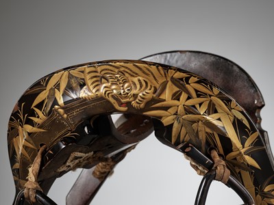 Lot 1311 - A LACQUERED WOOD KURA (SADDLE) WITH TIGERS IN BAMBOO