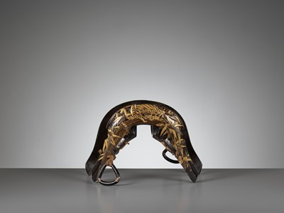 Lot 1311 - A LACQUERED WOOD KURA (SADDLE) WITH TIGERS IN BAMBOO