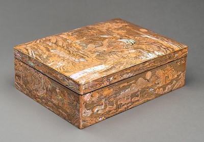 Lot 1051 - A MOTHER-OF-PEARL INLAID WOOD BOX AND COVER
