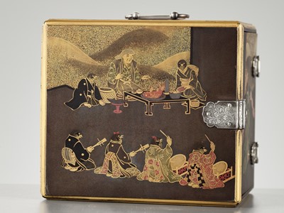 Lot 6 - A LACQUER MINIATURE KODANSU (CABINET) WITH SCENES FROM SHITAKIRI SUZUME (THE TALE OF THE TONGUE-CUT SPARROW)