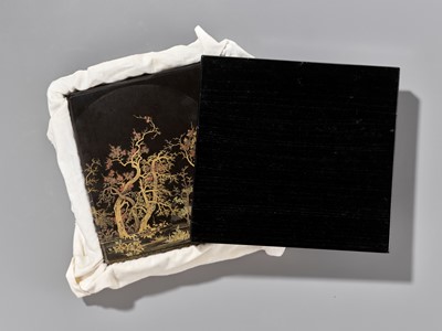 Lot 27 - A SUPERB LACQUER SUZURIBAKO (WRITING BOX) DEPICTING A MOONLIT FOREST