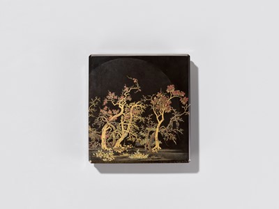 Lot 27 - A SUPERB LACQUER SUZURIBAKO (WRITING BOX) DEPICTING A MOONLIT FOREST