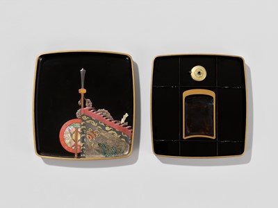 Lot 29 - A SUPERB RITSUO-SCHOOL LACQUER AND CERAMIC-INLAID SUZURIBAKO DEPICTING AN ELEPHANT
