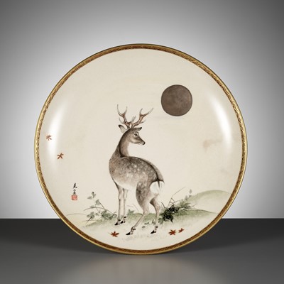 Lot 152 - A FINE SATSUMA DISH WITH AN AUTUMNAL SCENE DEPICTING A DEER AND FULL MOON, AFTER A DESIGN BY OGATA KENZAN