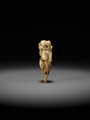 Lot 21 - A SUPERB IVORY NETSUKE OF A FISHERMAN CARRYING A BOY, ATTRIBUTED TO GECHU