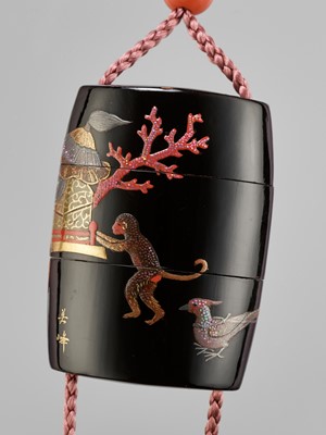 Lot 176 - BIHO: A LACQUER TWO-CASE INRO DEPICTING MOMOTARO WITH HIS ANIMAL COMPANIONS AND TREASURE