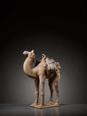 Lot 70 - A RARE AND LARGE POTTERY GROUP OF A MONKEY RIDING A CAMEL, TANG DYNASTY