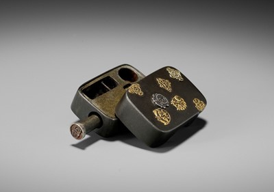 Lot 811 - A GILT-INLAID SHIBUICHI MINIATURE YATATE WITH HIDDEN LOCK