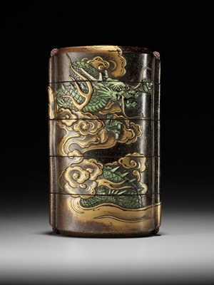 Lot 546 - KAJIKAWA KYUJIRO: AN EXCEPTIONALLY LARGE AND IMPORTANT ANTLER-INLAID LACQUER FOUR CASE INRO DEPICTING A DRAGON, DATED 1647 BY INSCRIPTION