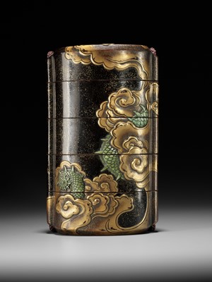 Lot 546 - KAJIKAWA KYUJIRO: AN EXCEPTIONALLY LARGE AND IMPORTANT ANTLER-INLAID LACQUER FOUR CASE INRO DEPICTING A DRAGON, DATED 1647 BY INSCRIPTION