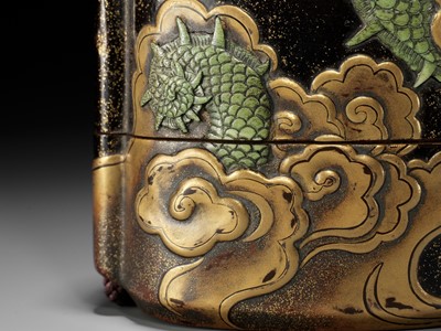 Lot 546 - KAJIKAWA KYUJIRO: AN EXCEPTIONALLY LARGE AND IMPORTANT ANTLER-INLAID LACQUER FOUR CASE INRO DEPICTING A DRAGON, DATED 1647 BY INSCRIPTION