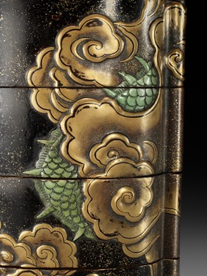 Lot 546 - KAJIKAWA KYUJIRO: AN EXCEPTIONALLY LARGE AND IMPORTANT ANTLER-INLAID LACQUER FOUR CASE INRO DEPICTING A DRAGON, DATED 1647 BY INSCRIPTION