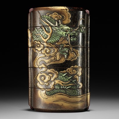 Lot 546 - KAJIKAWA KYUJIRO: AN EXCEPTIONALLY LARGE AND IMPORTANT ANTLER-INLAID LACQUER FOUR CASE INRO DEPICTING A DRAGON, DATED 1647 BY INSCRIPTION