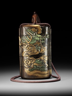 Lot 546 - KAJIKAWA KYUJIRO: AN EXCEPTIONALLY LARGE AND IMPORTANT ANTLER-INLAID LACQUER FOUR CASE INRO DEPICTING A DRAGON, DATED 1647 BY INSCRIPTION