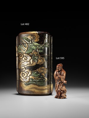 Lot 546 - KAJIKAWA KYUJIRO: AN EXCEPTIONALLY LARGE AND IMPORTANT ANTLER-INLAID LACQUER FOUR CASE INRO DEPICTING A DRAGON, DATED 1647 BY INSCRIPTION