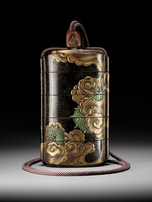 Lot 546 - KAJIKAWA KYUJIRO: AN EXCEPTIONALLY LARGE AND IMPORTANT ANTLER-INLAID LACQUER FOUR CASE INRO DEPICTING A DRAGON, DATED 1647 BY INSCRIPTION