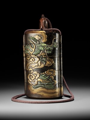Lot 546 - KAJIKAWA KYUJIRO: AN EXCEPTIONALLY LARGE AND IMPORTANT ANTLER-INLAID LACQUER FOUR CASE INRO DEPICTING A DRAGON, DATED 1647 BY INSCRIPTION