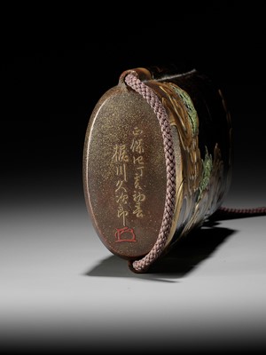 Lot 546 - KAJIKAWA KYUJIRO: AN EXCEPTIONALLY LARGE AND IMPORTANT ANTLER-INLAID LACQUER FOUR CASE INRO DEPICTING A DRAGON, DATED 1647 BY INSCRIPTION