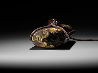 Lot 546 - KAJIKAWA KYUJIRO: AN EXCEPTIONALLY LARGE AND IMPORTANT ANTLER-INLAID LACQUER FOUR CASE INRO DEPICTING A DRAGON, DATED 1647 BY INSCRIPTION