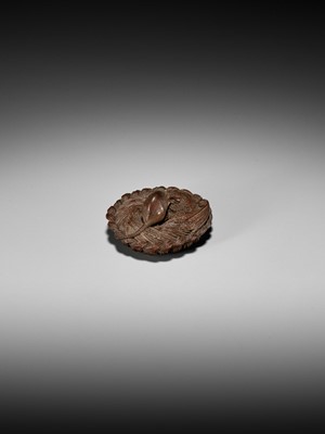 Lot 219 - MORITA SOKO: A SUPERB SMALL WOOD NETSUKE OF A RAT ON A STRAW RICE BALE