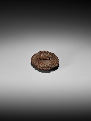 Lot 219 - MORITA SOKO: A SUPERB SMALL WOOD NETSUKE OF A RAT ON A STRAW RICE BALE