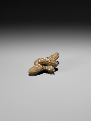 Lot 218 - OUCHI GYOKUSO: A MASTERFUL STAINED AND LACQUERED WOOD NETSUKE OF A GROUP OF CUCUMBERS